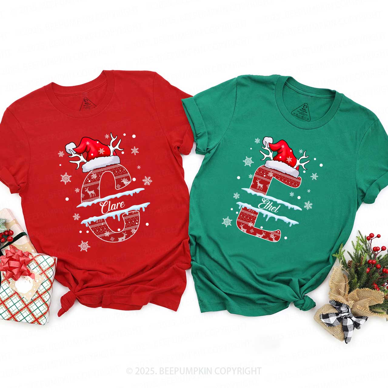 Personalized Christmas Red Elk Snowflakes Name Family Matching T-Shirts Beepumpkin