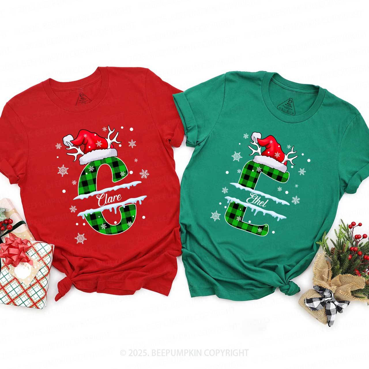 Personalized Christmas Green Plaid Snowflakes Name Family Matching T-Shirts Beepumpkin