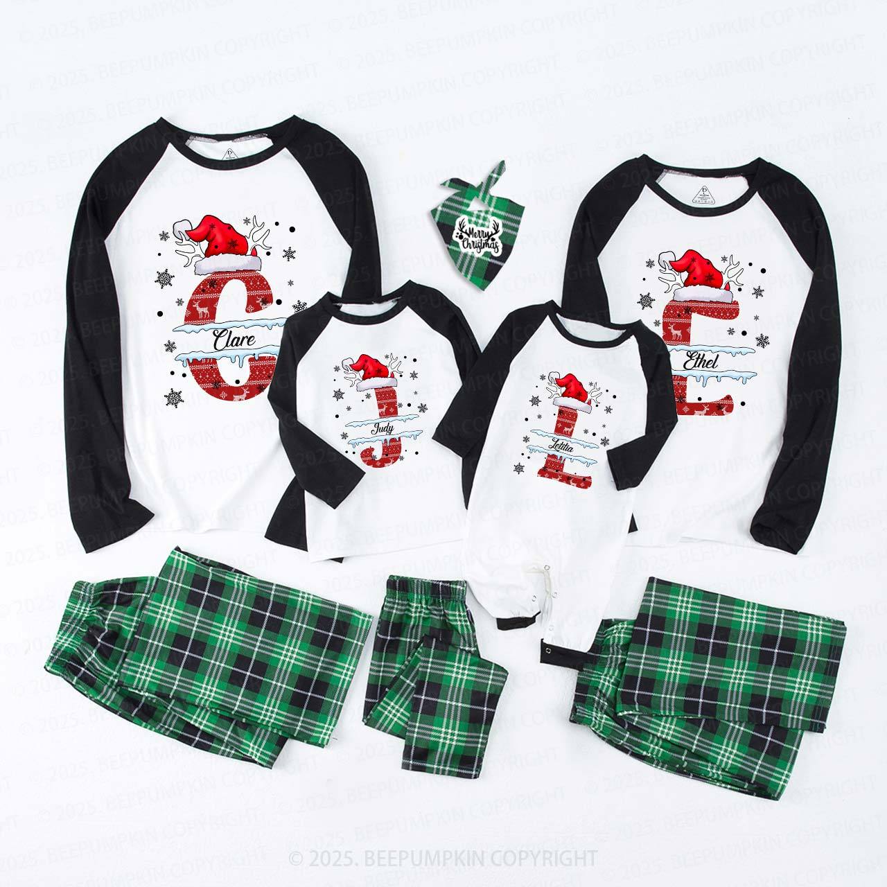 Personalized Christmas Red Plaid Snowflakes Name Family Matching Pajamas