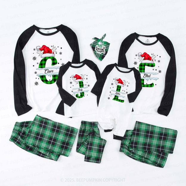 Personalized Christmas Green & White Plaid Snowflakes Name Family Matching Pajamas