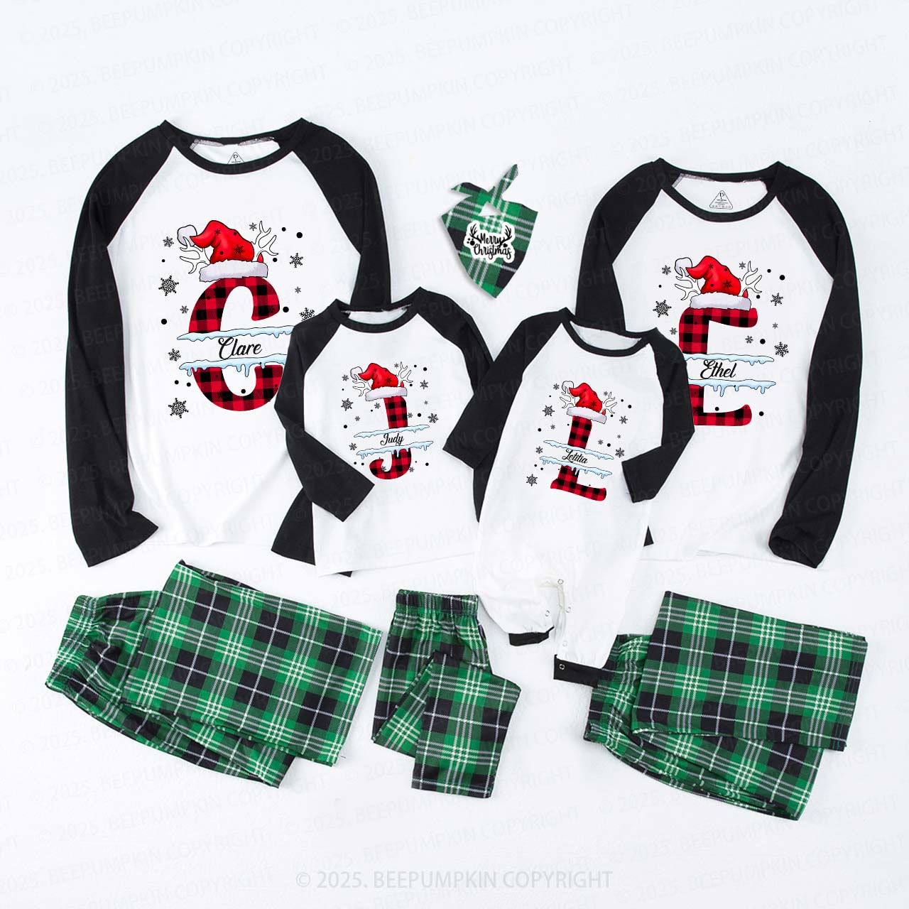 Personalized Christmas Red Plaid Snowflakes Name Family Matching Pajamas