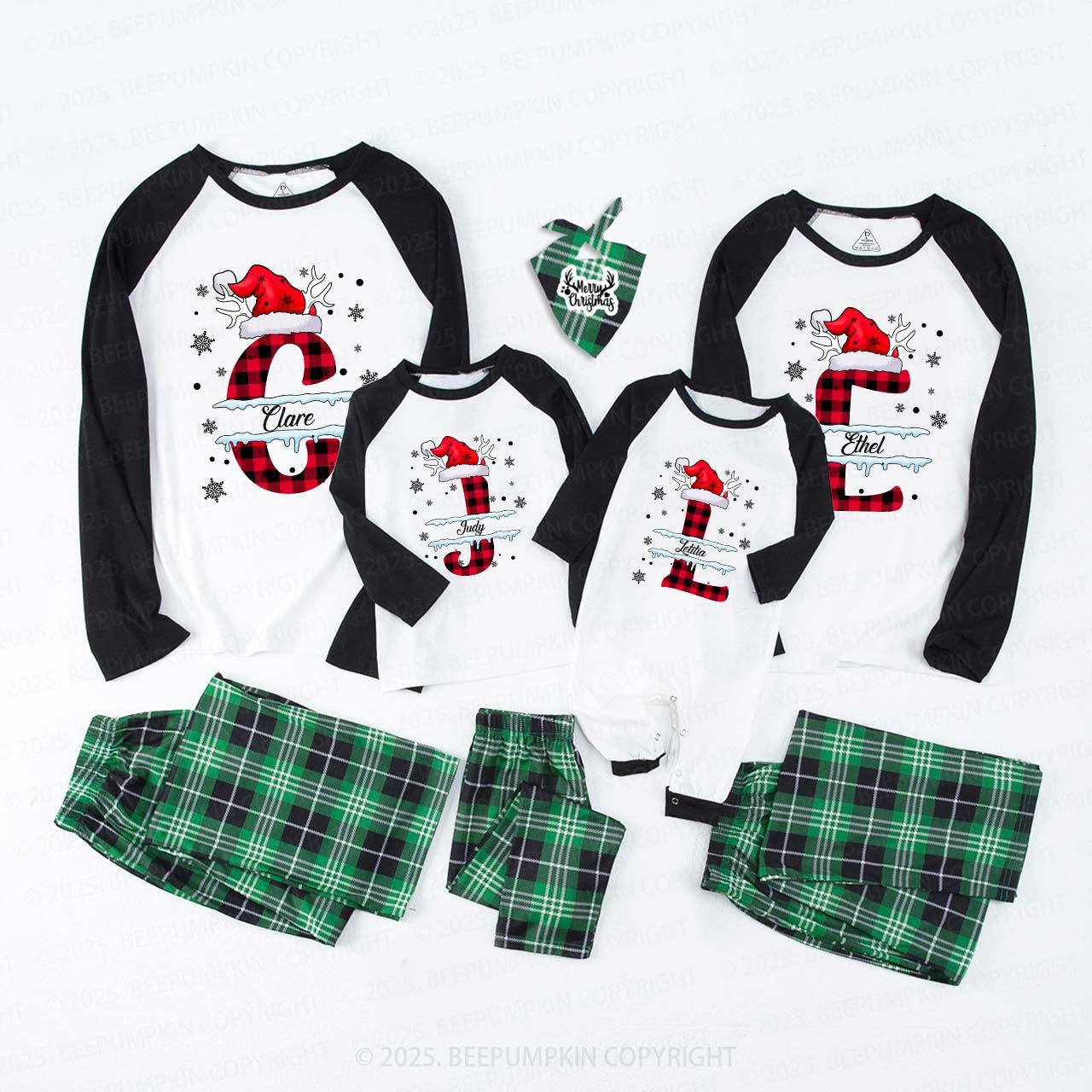 Personalized Christmas Red Plaid Snowflakes Name Family Matching Pajamas
