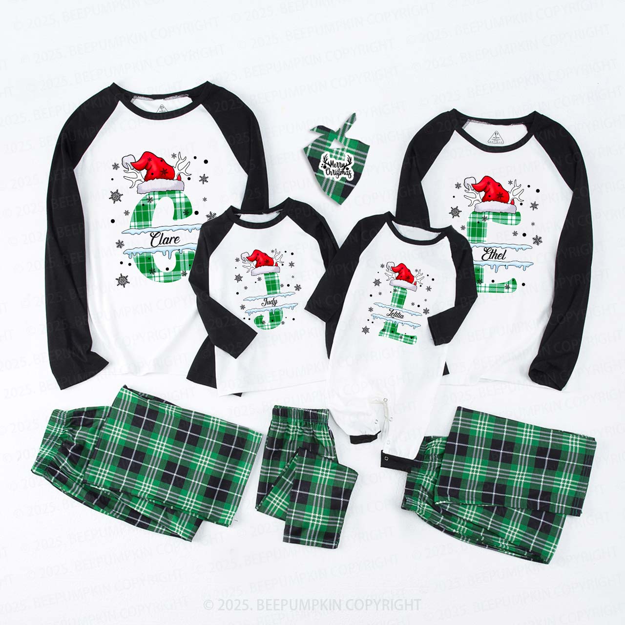 Personalized Christmas Green & White Plaid Snowflakes Name Family Matching Pajamas