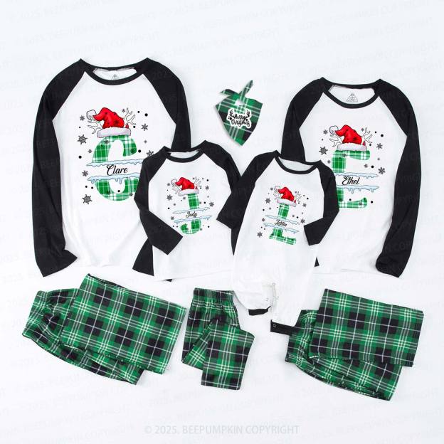 Personalized Christmas Green & White Plaid Snowflakes Name Family Matching Pajamas