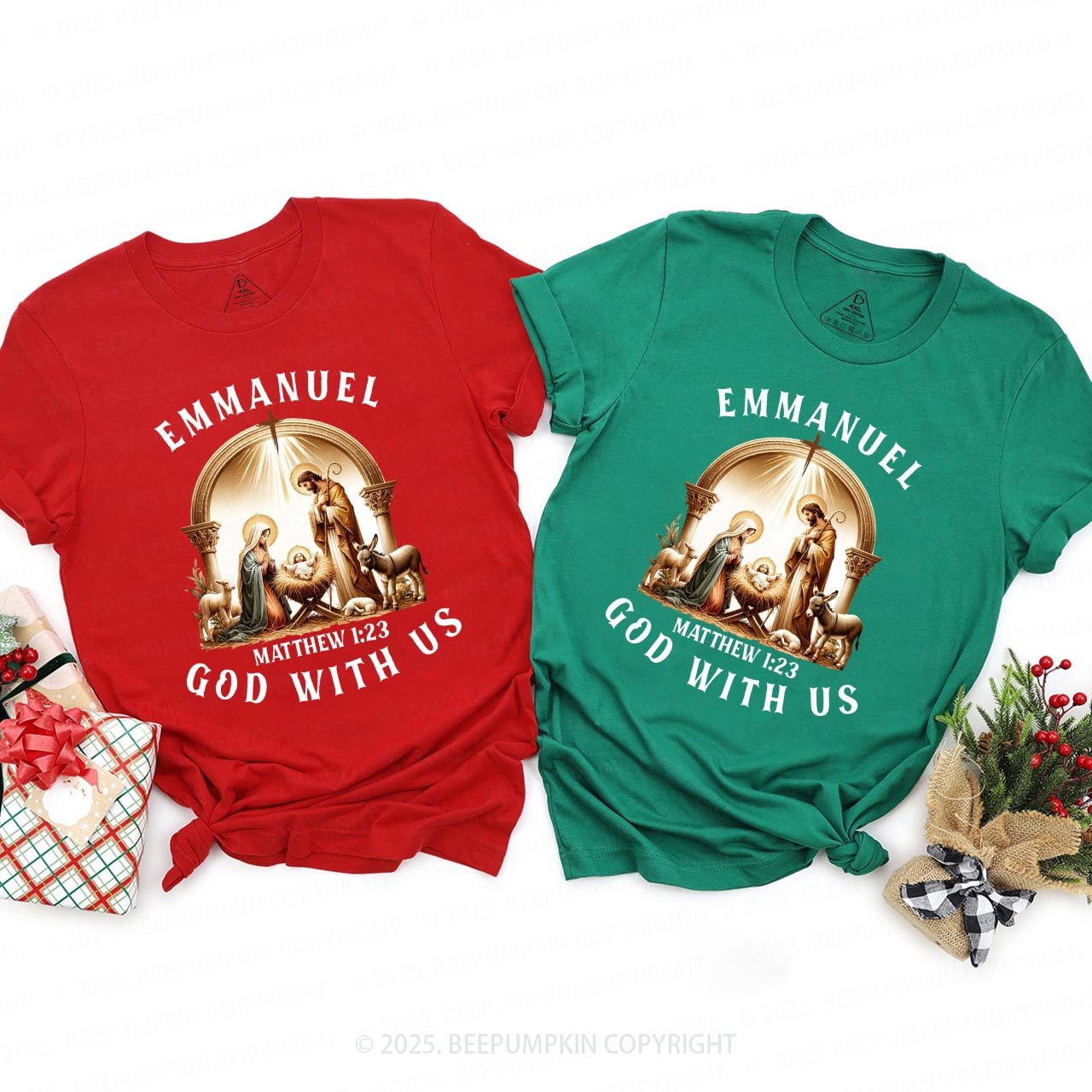 Matthew 1:23 Bible Verse Christmas Family Matching T-Shirts Beepumpkin