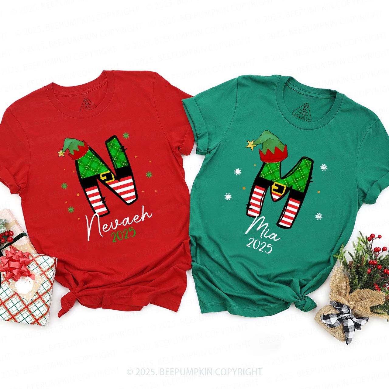 Personalized Elf Letter Christmas Family Matching T-Shirts Beepumpkin