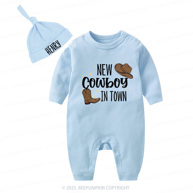 2 Pieces Personalized New Cowboy In Town Baby Romper With Hat