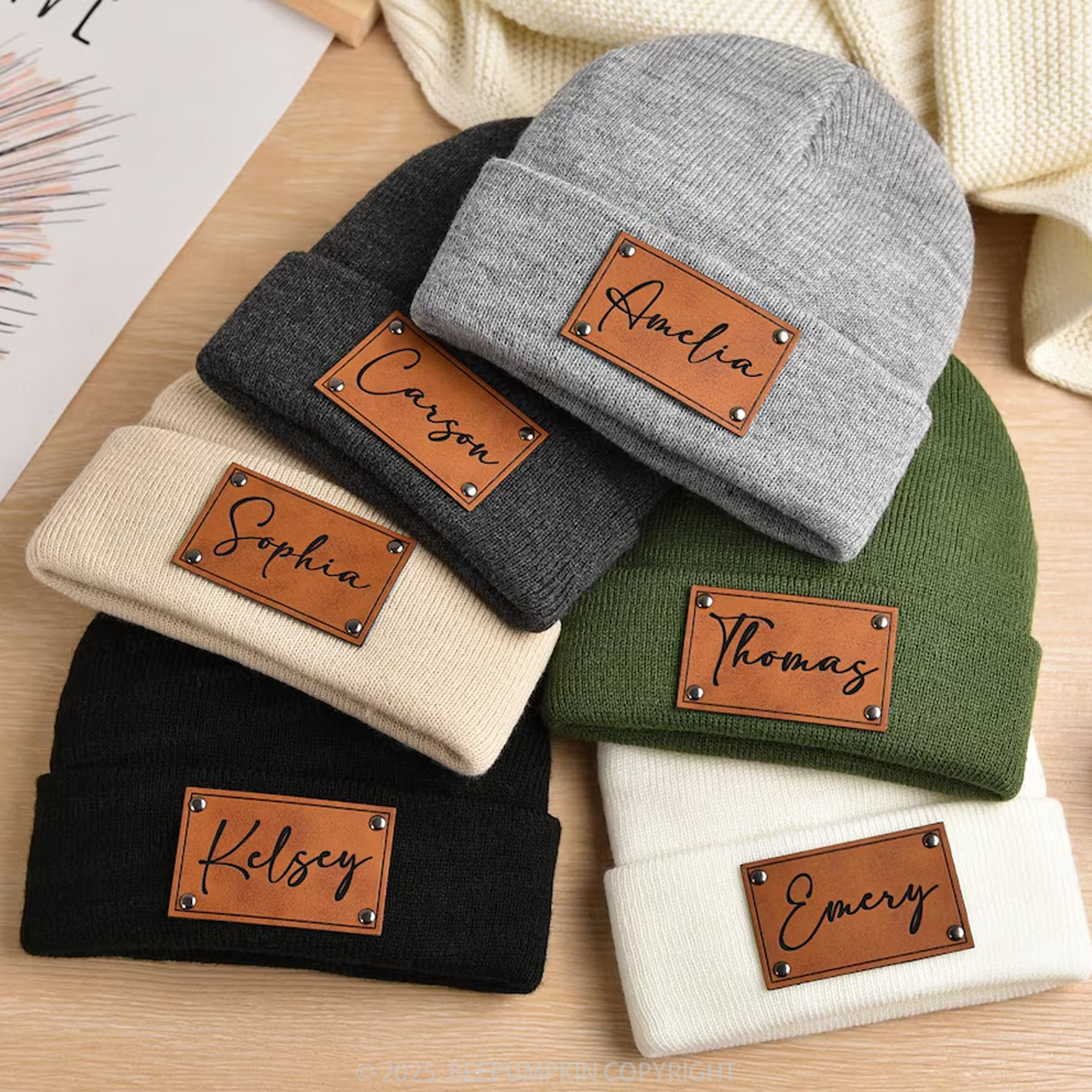8 Colors Personalized Name Beanie Hat (Vegan Leather Patch)