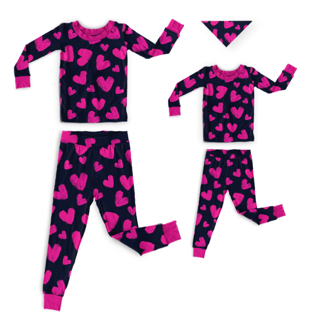 Pink Heart Scribble Navy All-Over Print Mom&Me Cuffed Pajama Sets