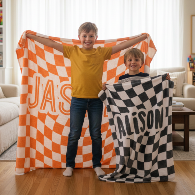 Personalized Wavy Plaid Name Fleece Blanket