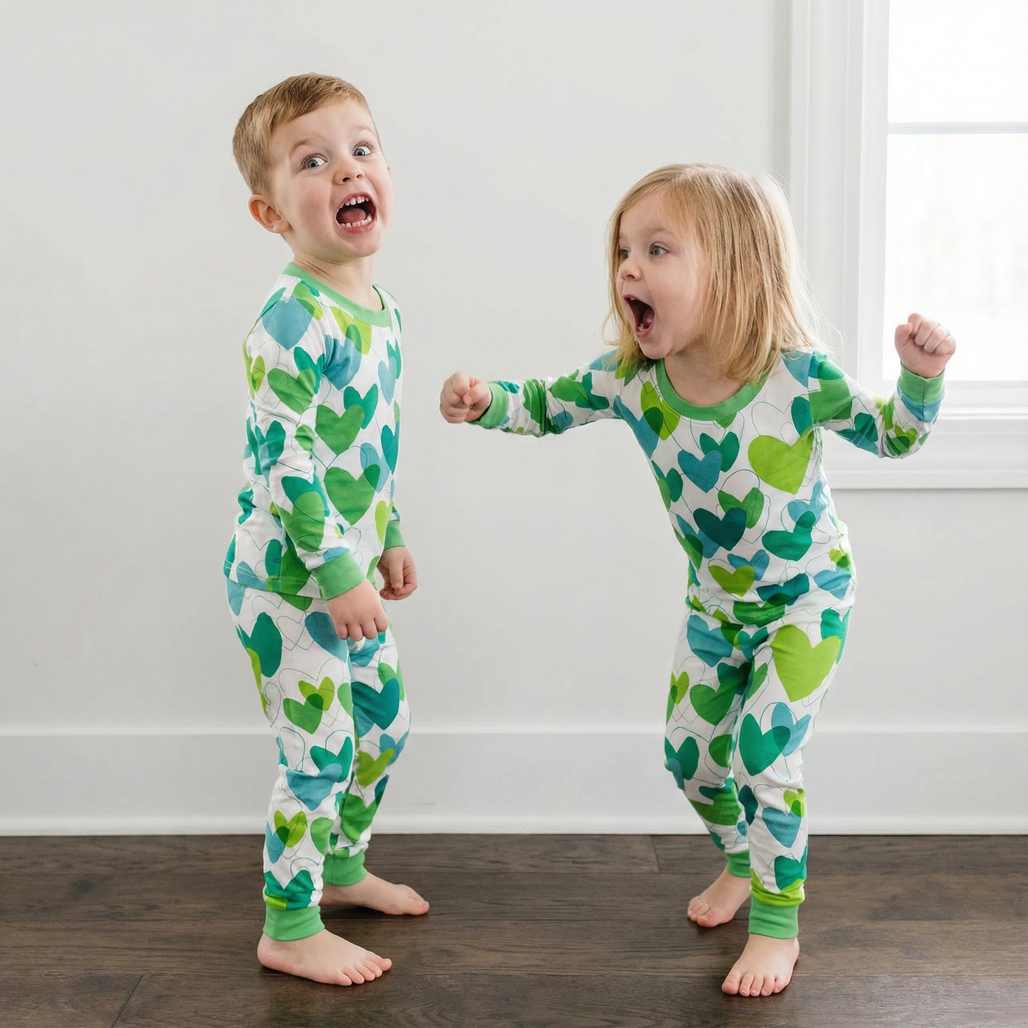 Sweet Green Hearts Two-Piece Pajama Set For Kids