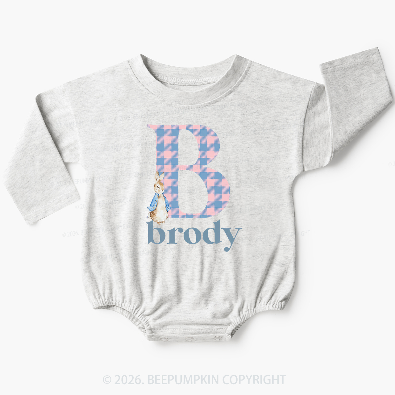 Personalized Gingham Name Easter Bunny Baby Bubble Romper