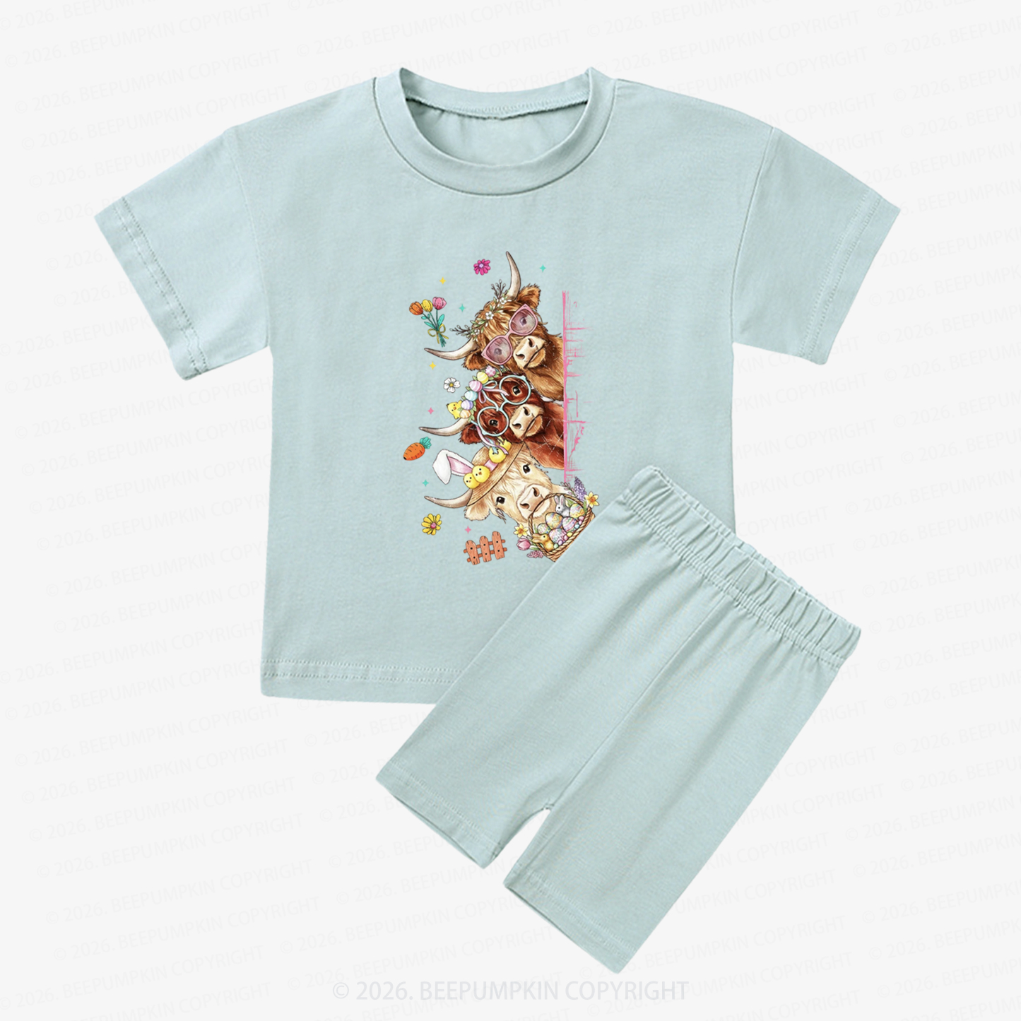 Easter Day Highland Cow&Bunny Kids Biker Shorts&Tee