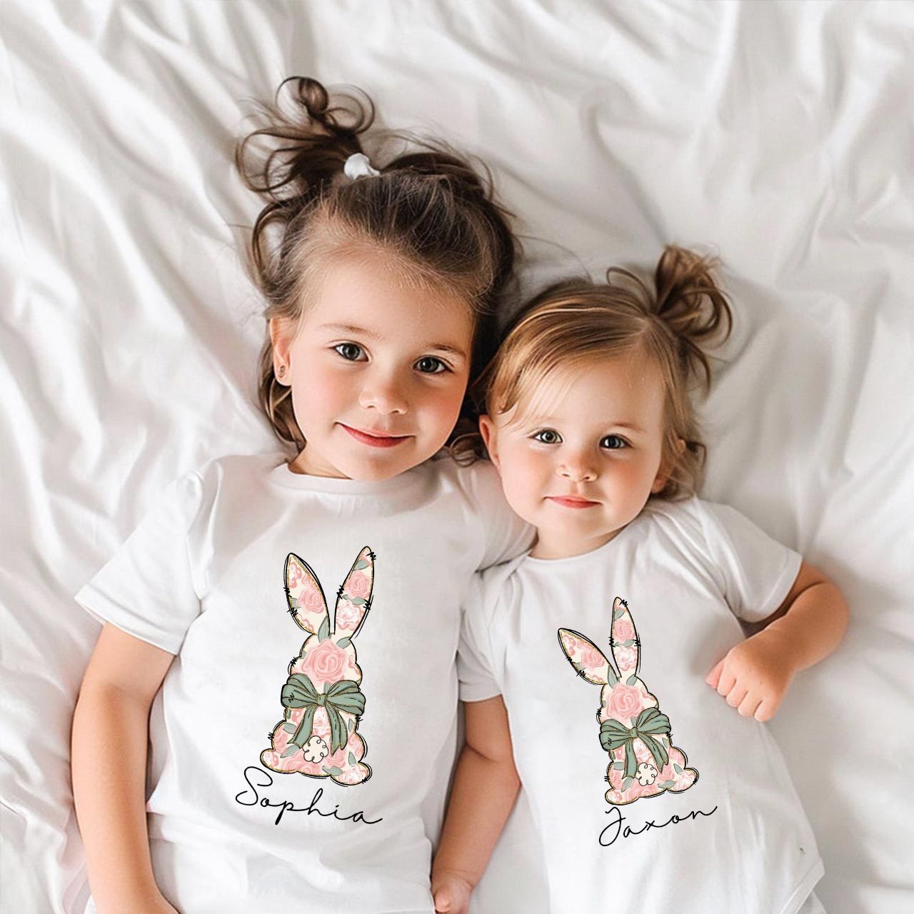 Personalized Floral Easter Bunny Matching Tees For Siblings