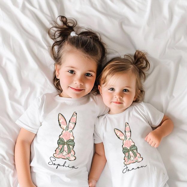 Personalized Floral Easter Bunny Matching Tees For Siblings