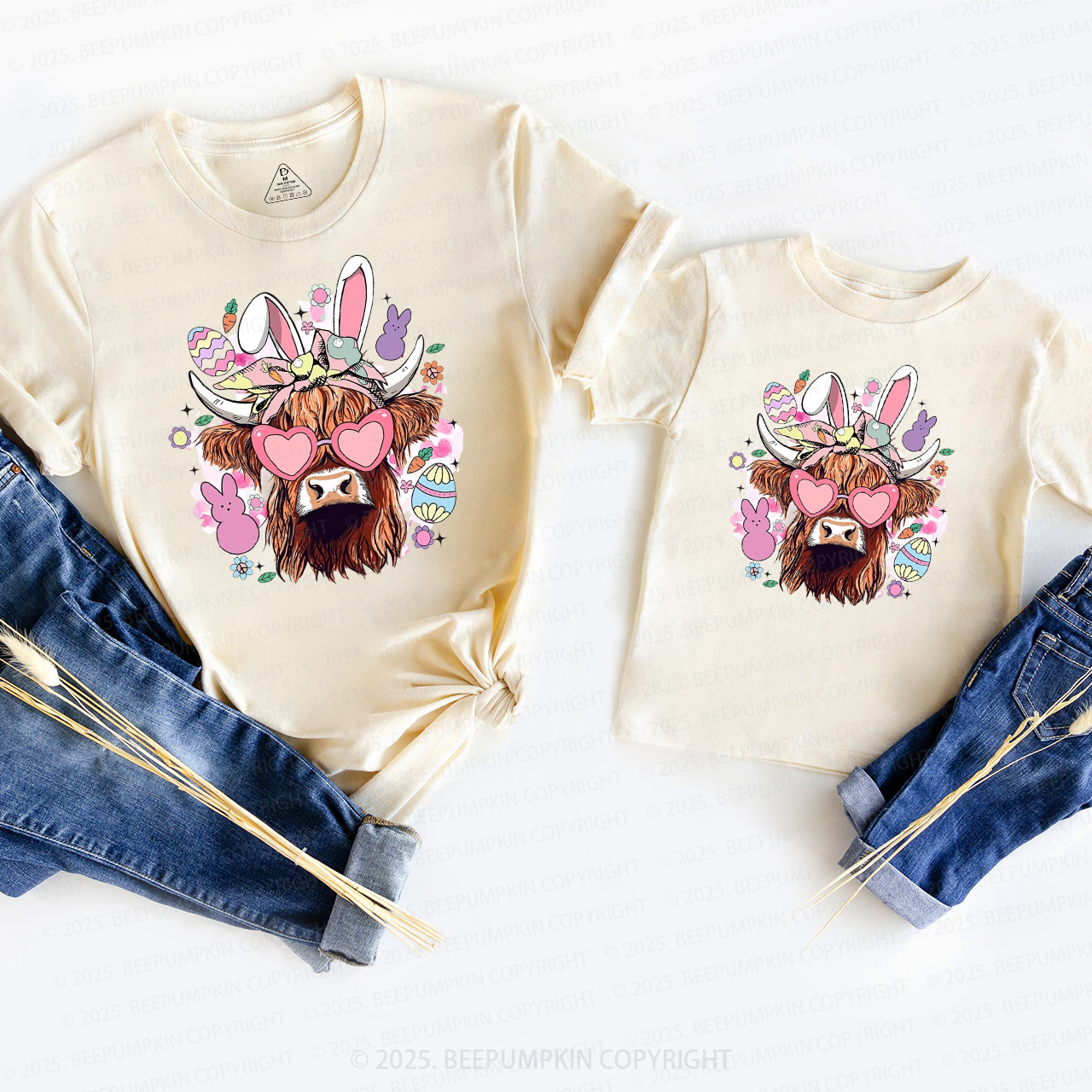 Easter Cute Highland Cow Mom&Me Matching Tees