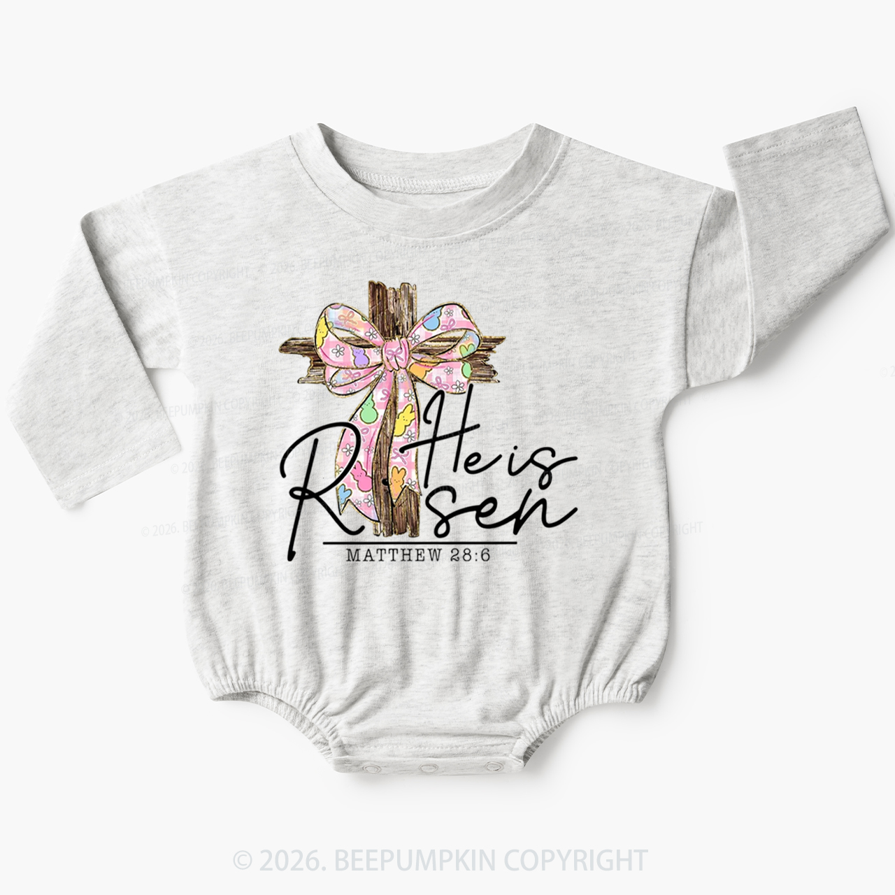 He Is Risen Easter Coquette Bow Baby Bubble Romper