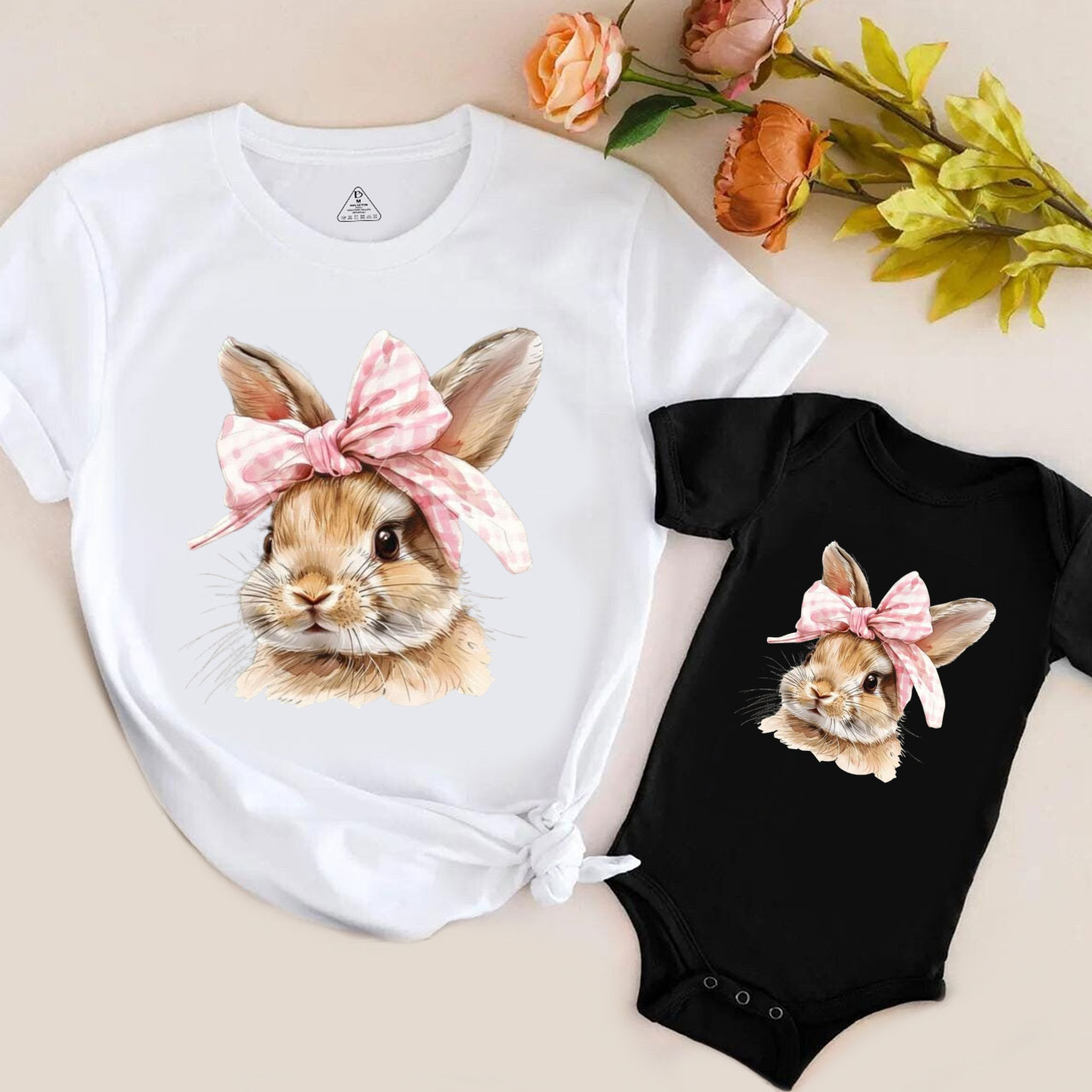 Cute Bunny with Bow Easter Mom&Me Matching Tees