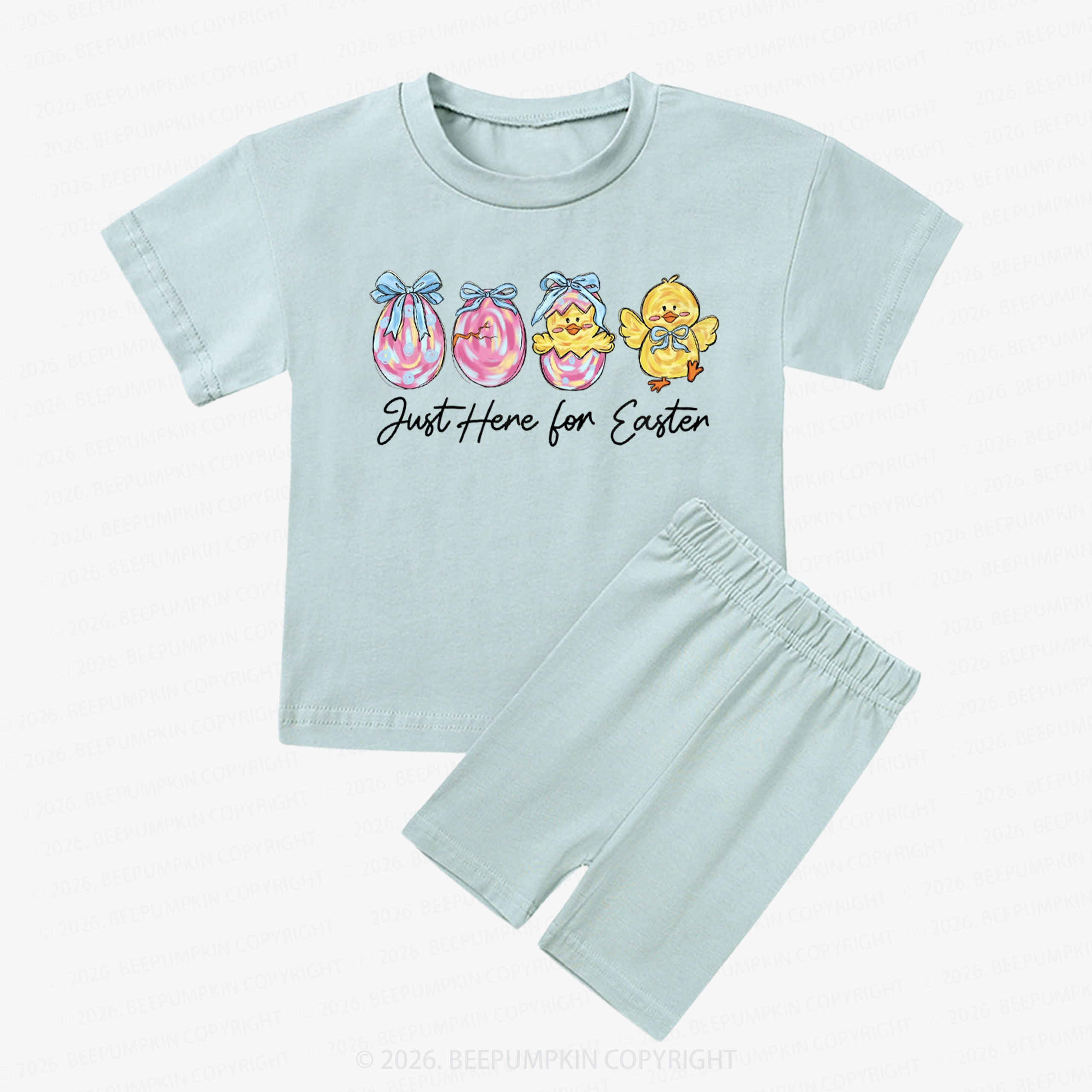 Just Here For Easter Pastel Eggs Coquette Kids Biker Shorts&Tee