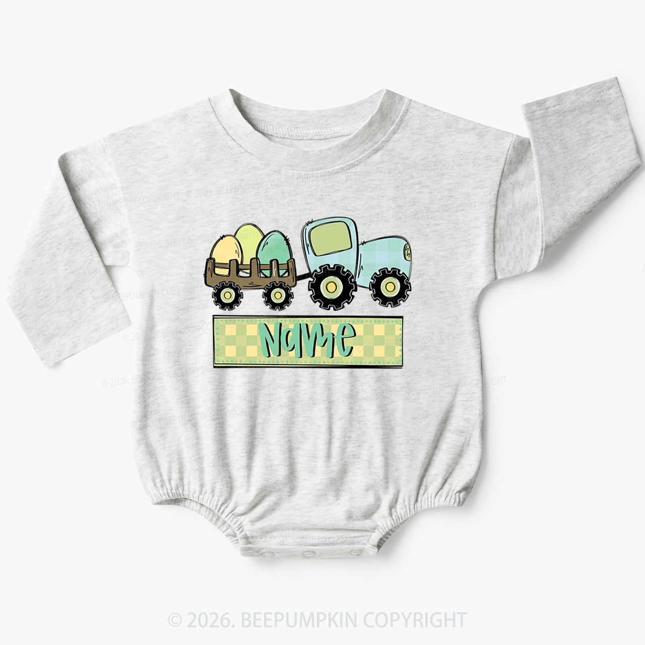 Personalized Name Easter Tractor Baby Bubble Romper