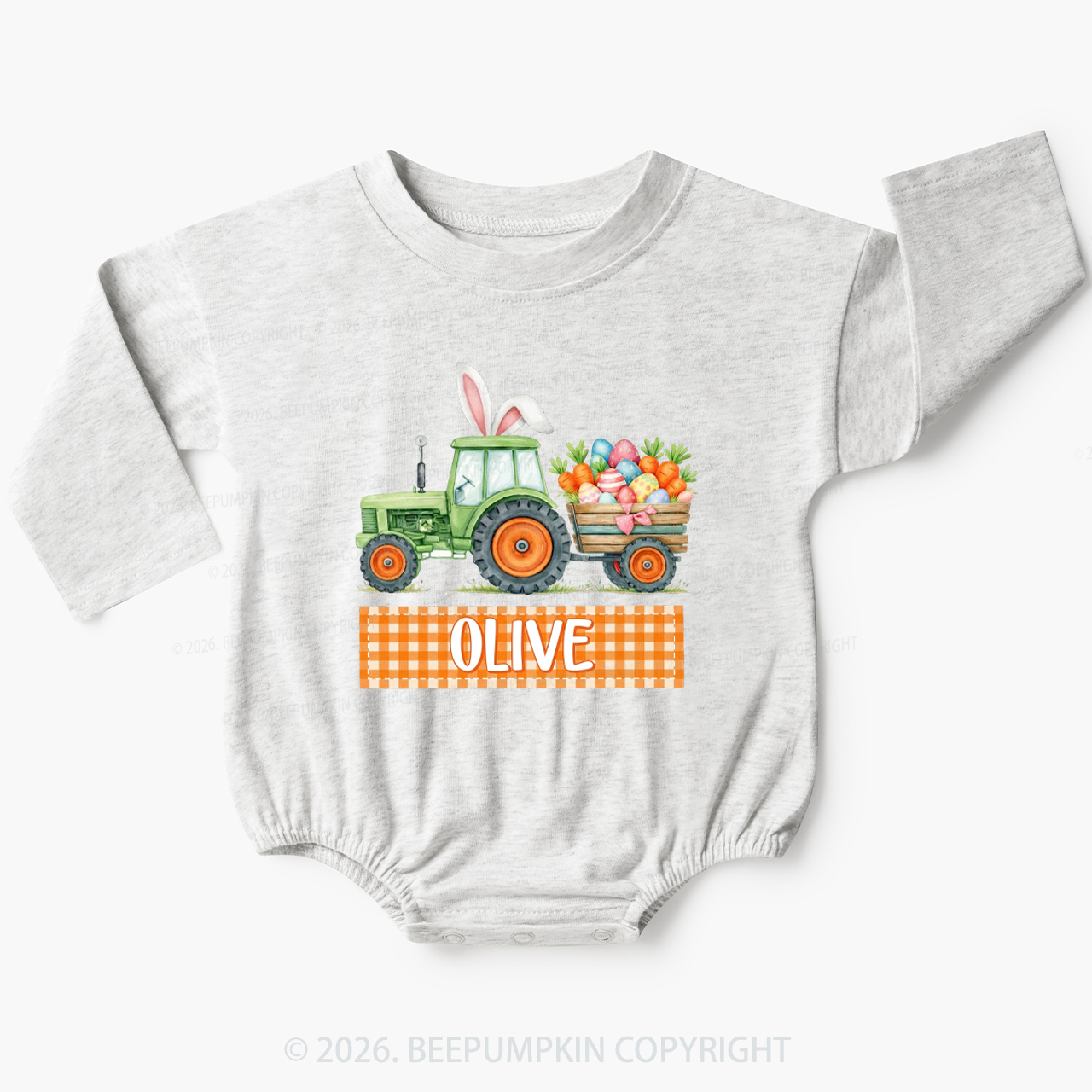 Personalized Name Easter Tractor Farm Baby Bubble Romper