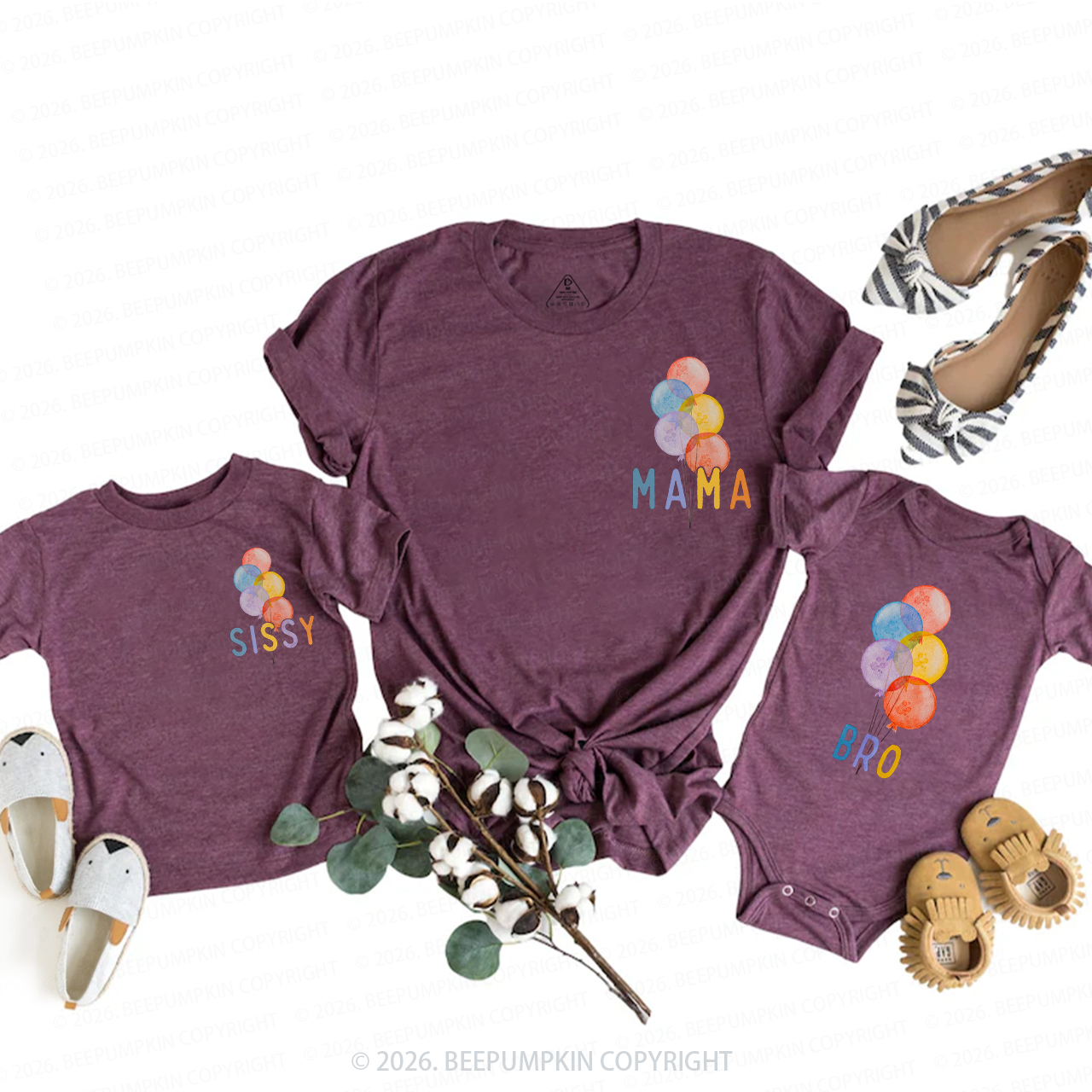 Personalized Rainbow Balloon Birthday Family Matching T-Shirts