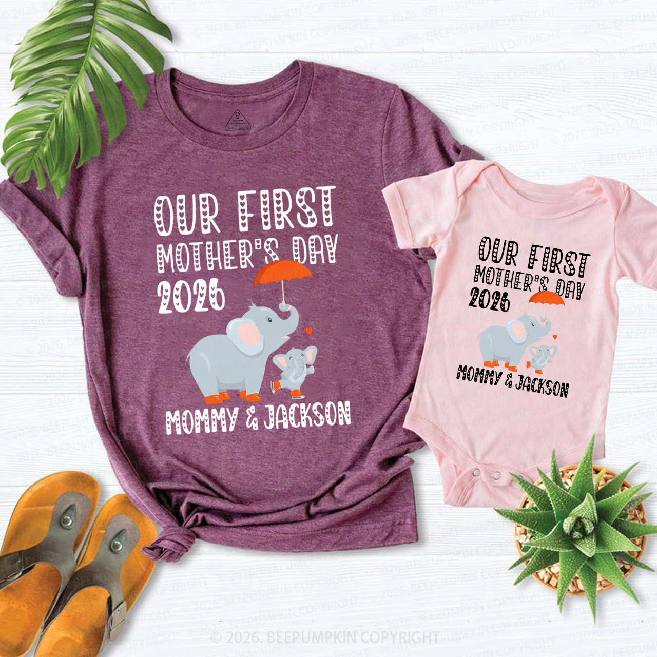Personalized First Mother's Day Cute Elephant Mom&Me Matching T-Shirts