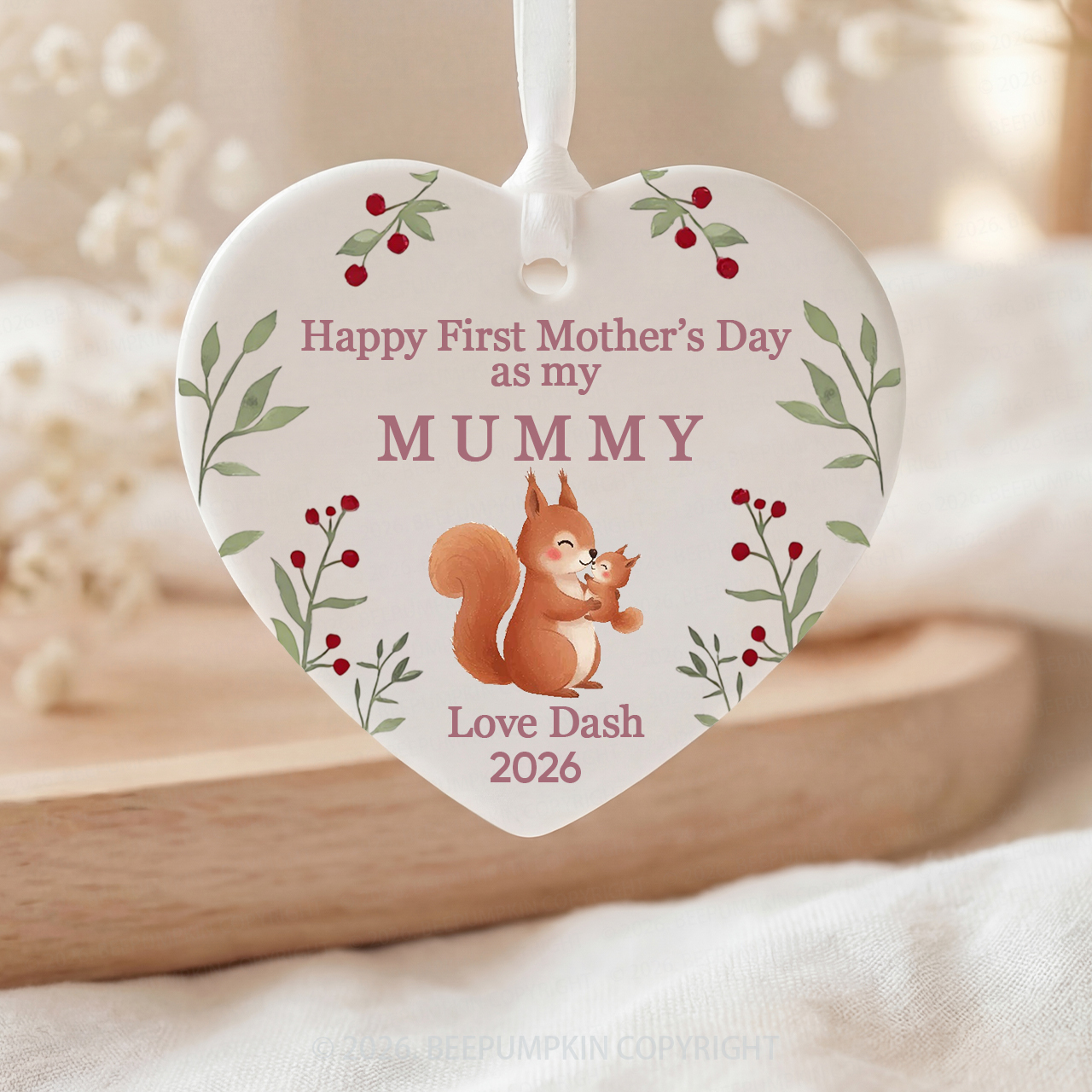 Personalized First Mother's Day Fox Ceramic Heart Ornament
