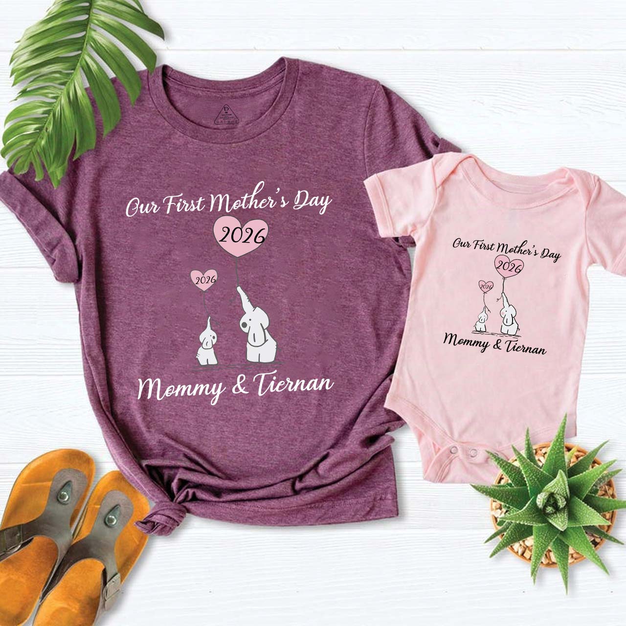 Pink Blue Ballon & Elephants Mom&Me Matching Tees