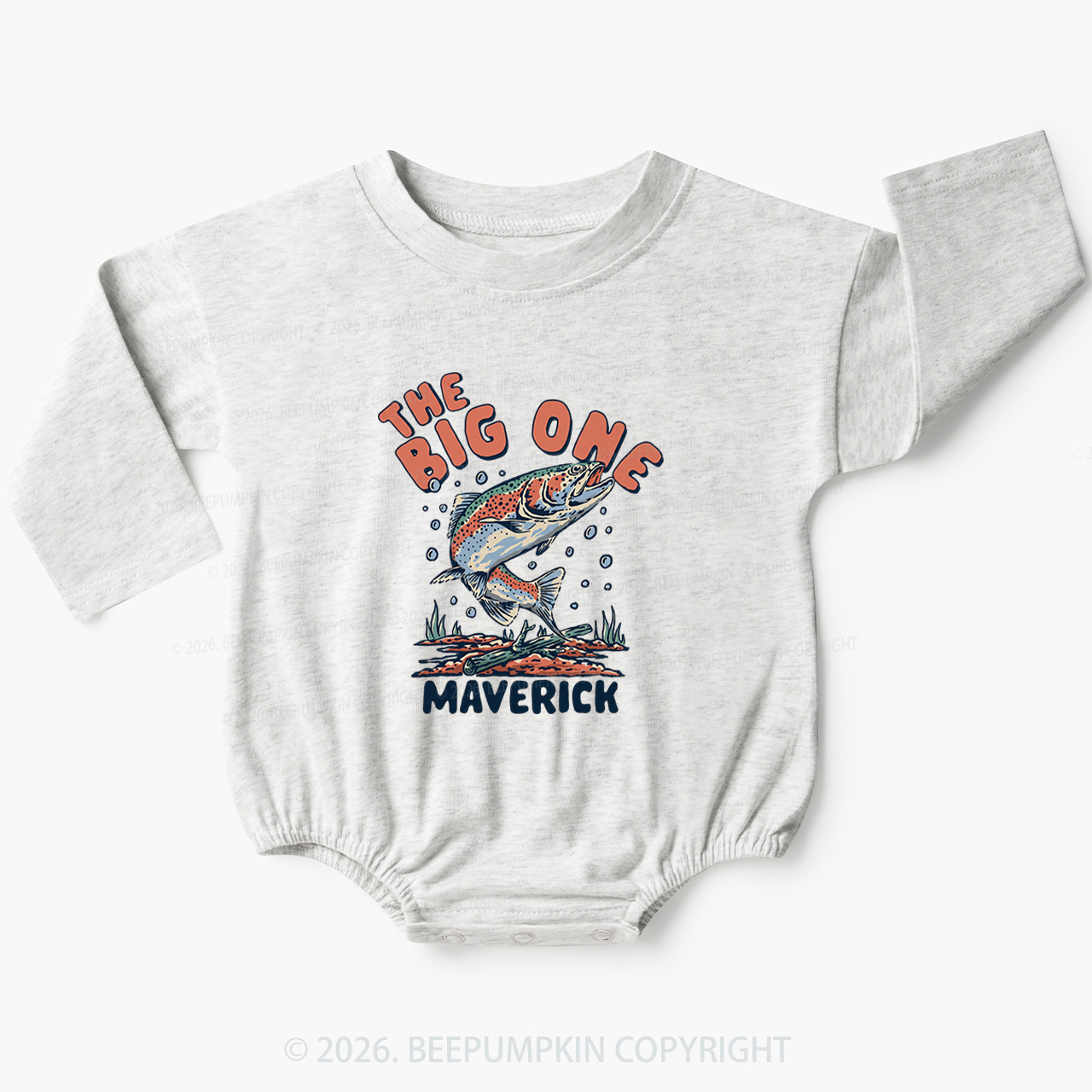 Personalized Retro The Big One Fishing Trout 1st Birthday Baby Bubble Romper