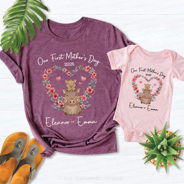 Personalized Cute Wild Boar Heart Wreath Mom&Me Matching T-Shirts