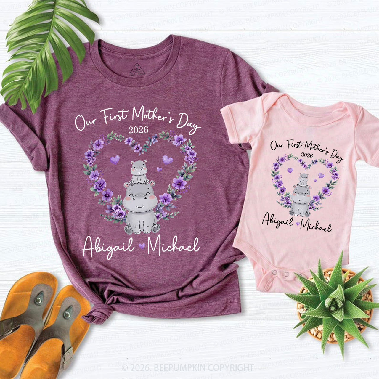 Personalized Cute Hippo Heart Wreath Mom&Me Matching T-Shirts
