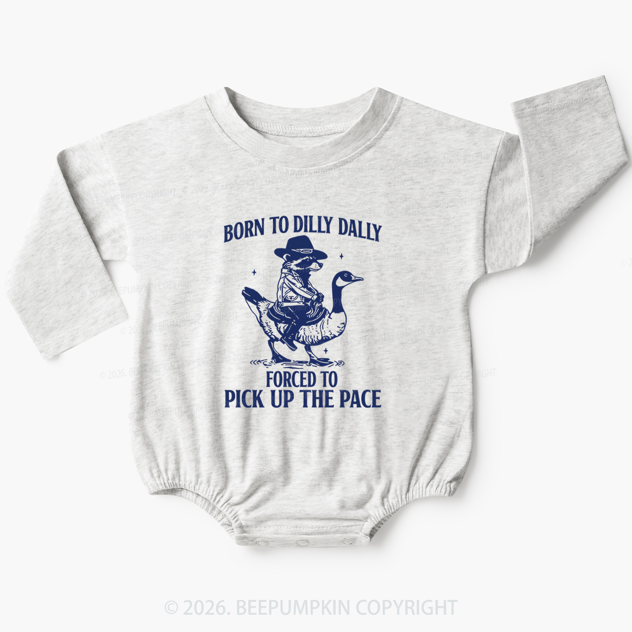 Born To Dilly Dally Retro Racoon Goose Baby Bubble Romper