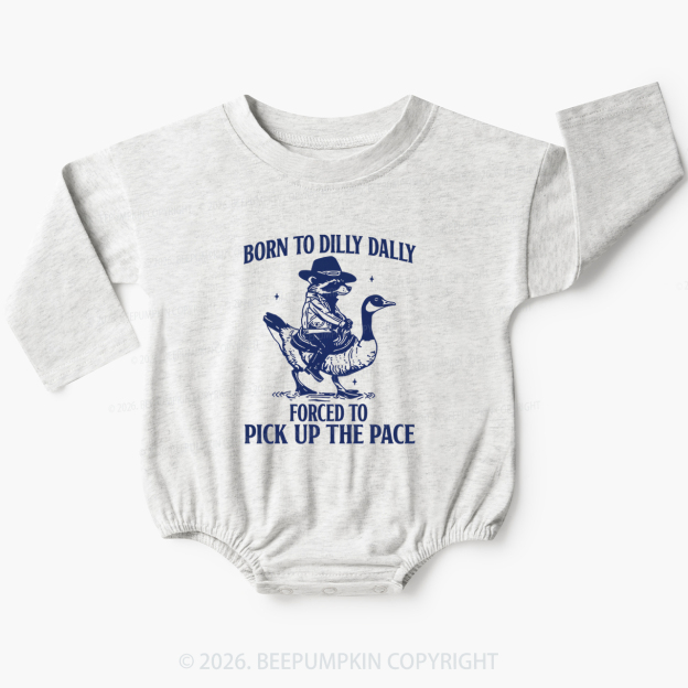 Born To Dilly Dally Retro Racoon Goose Baby Bubble Romper