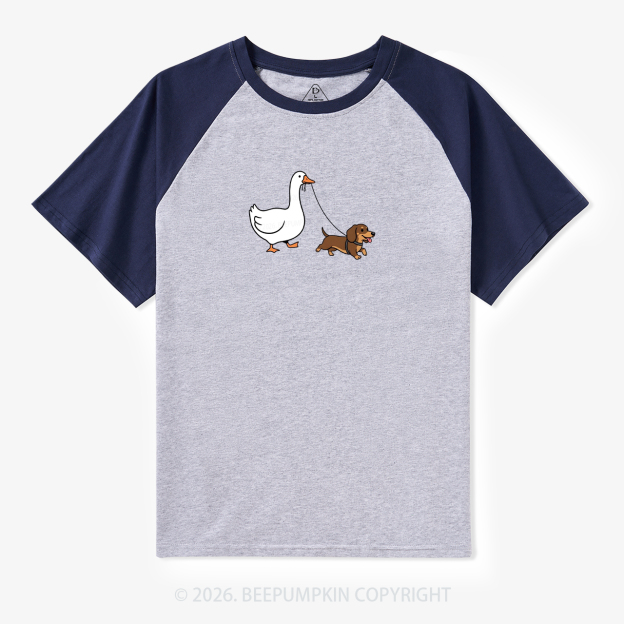 Silly Goose Walking Dachshund Dog Retro Raglan T-shirt