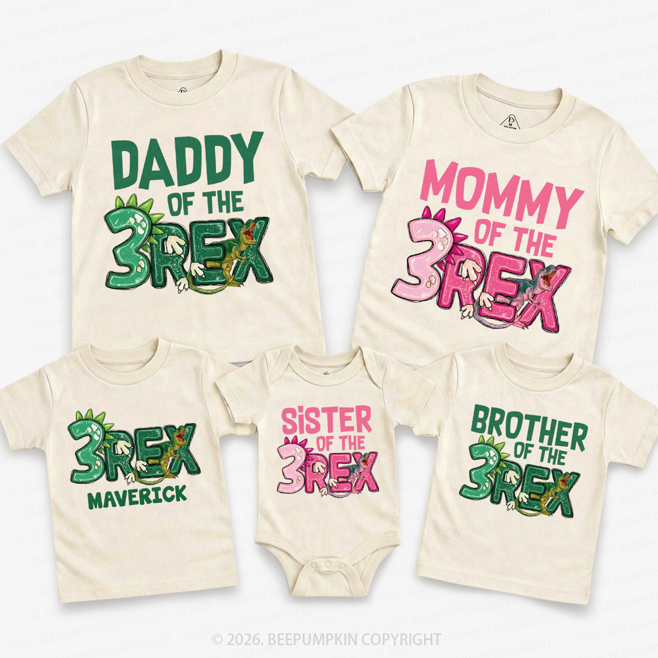 Personalized Rex Dinosaur Birthday Family Matching T-Shirts