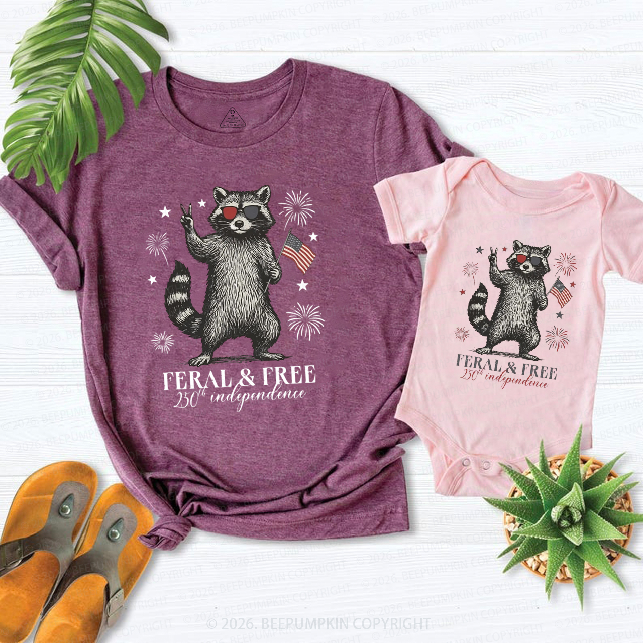 Feral but Free Patriotic Raccoon America 250th Mom&Me Matching T-Shirts