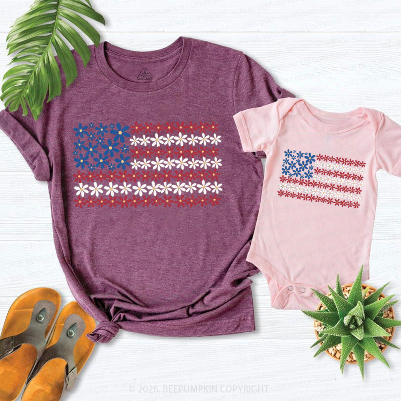 Floral American Flag 4th of July Mom&Me Matching T-Shirts