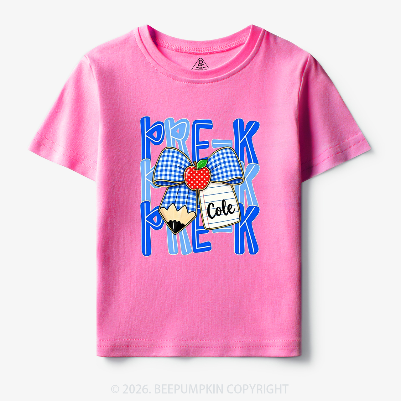 Personalized Blue Gingham Pencil Bow Toddler&Kid's Tees