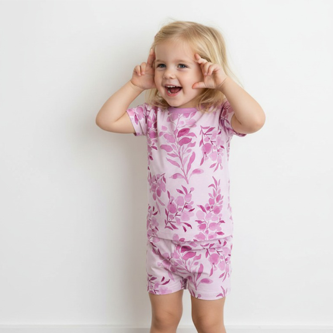 Purple Blossom Two-Piece Pajama Short Sets For Toddler&Kids
