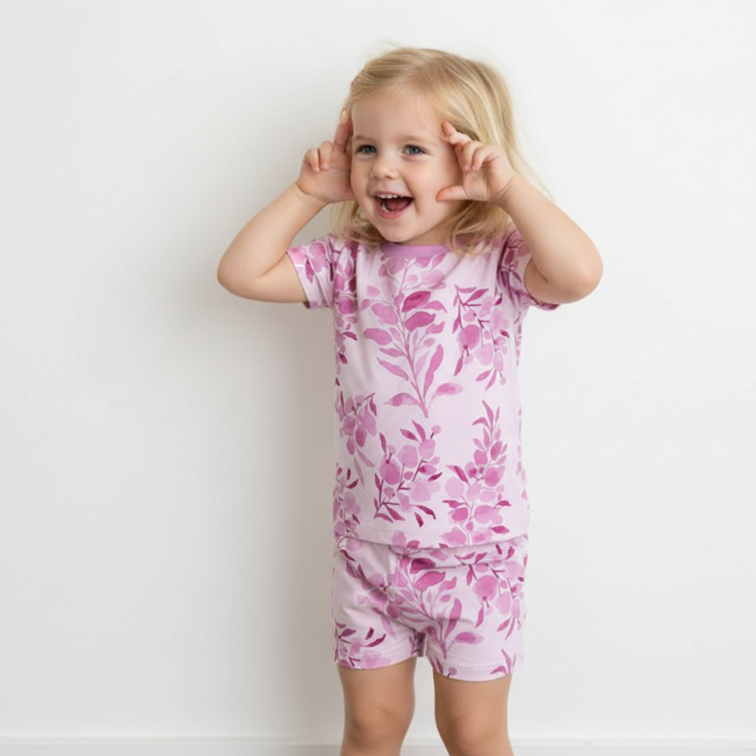 Purple Blossom Two-Piece Pajama Short Sets For Toddler&Kids