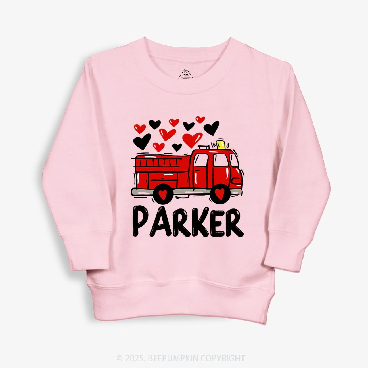 Personalized Name Fire Truck Valentine's Day Kid's Sweatshirt