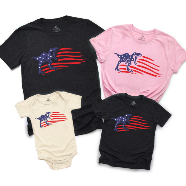 Patriotic Dinosaur American Flag Independence Day Family Matching Shirts