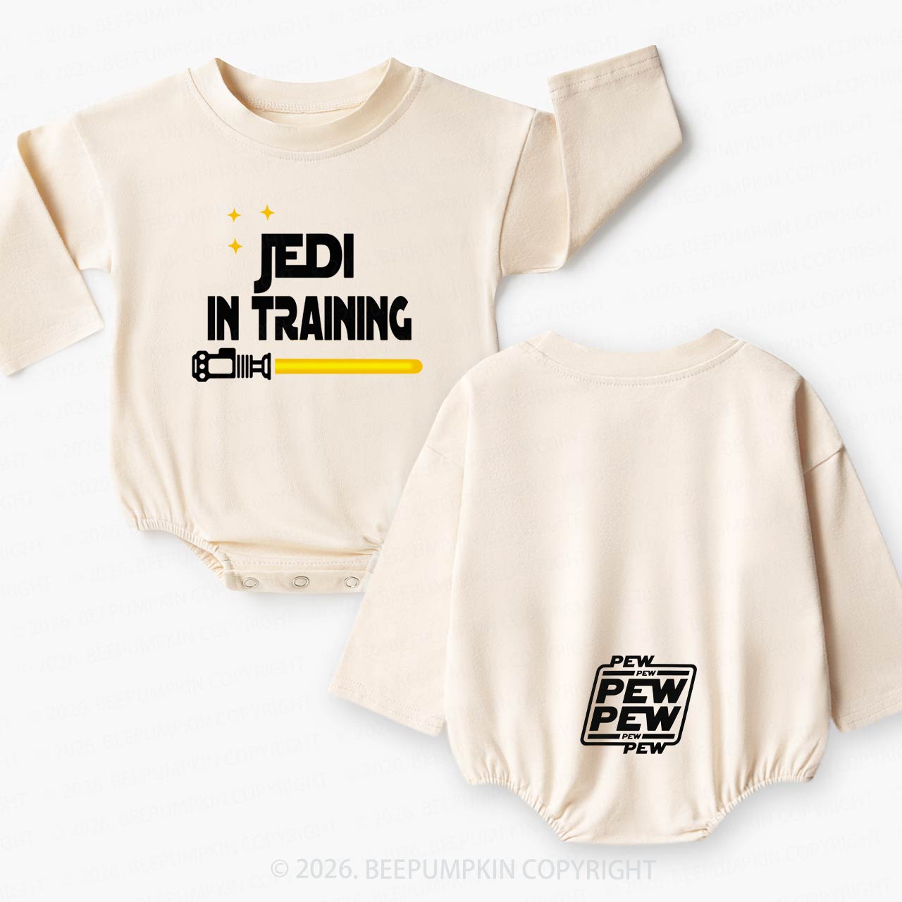 Back on the Butt Says PEW PEW PEW Baby Bubble Romper