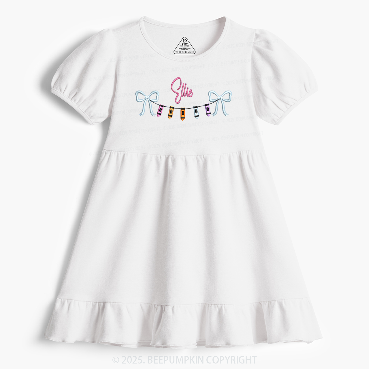 Embroidery Personalized Name Crayon Bow Toddler&Kid's Ruffle Dress Beepumpkin 