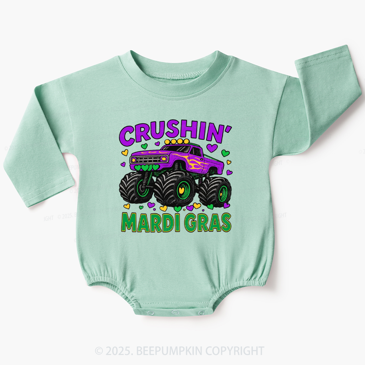 Crushin' Mardi Gras Monster Truck Baby Bubble Romper Beepumpkin