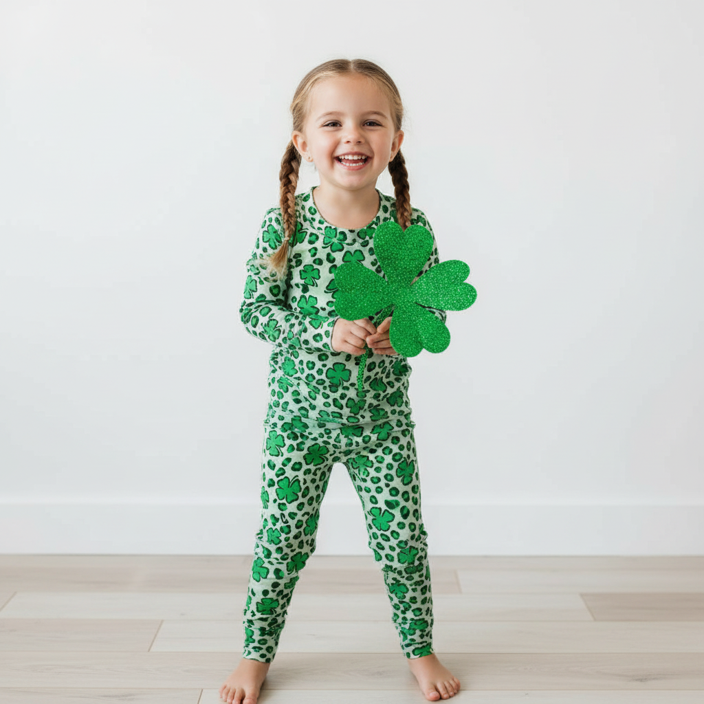 St. Patrick's Day Leopard Shamrock Two-Piece Pajama Set For Kids