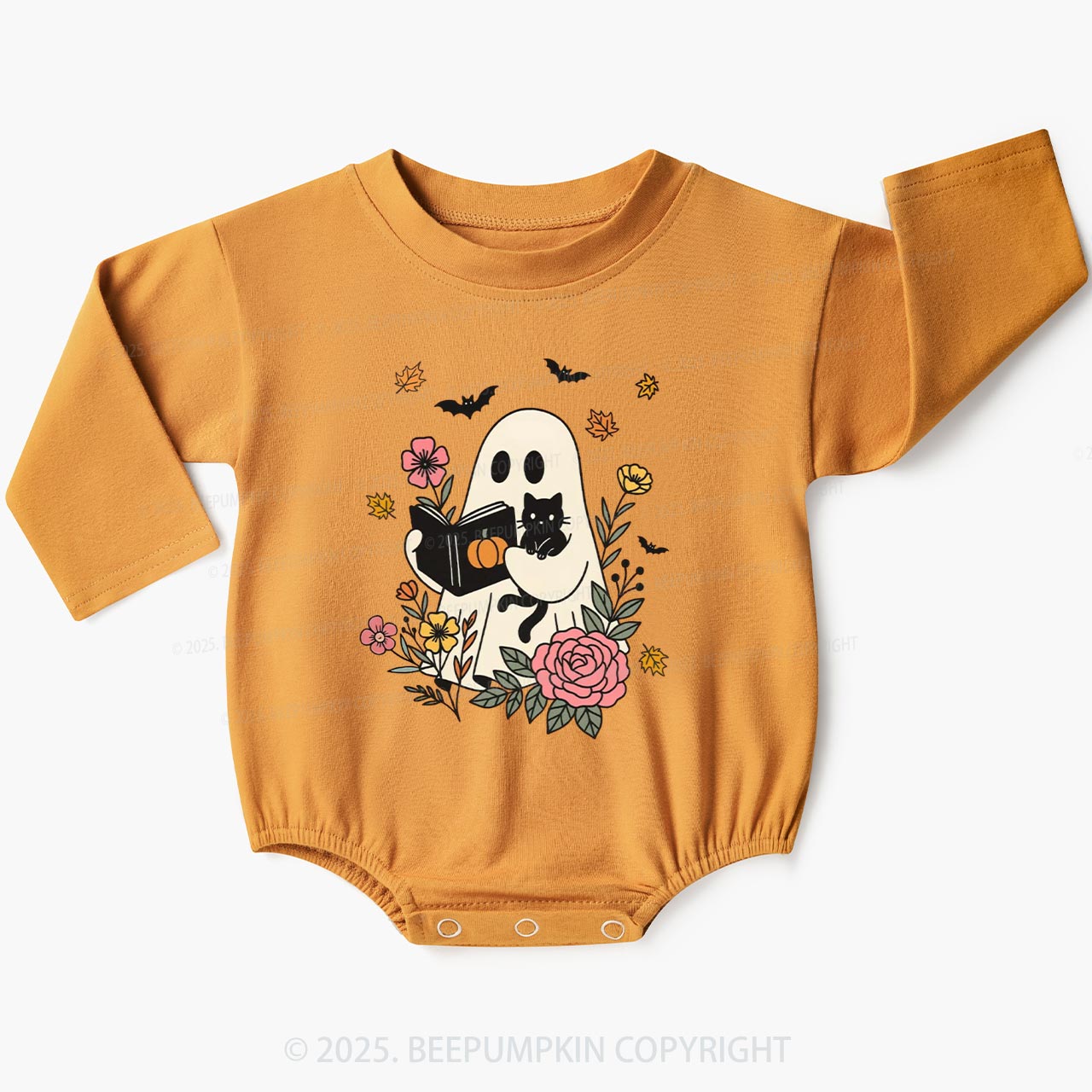 Ghost Reading Book-Cat Baby Bubble Romper Beepumpkin