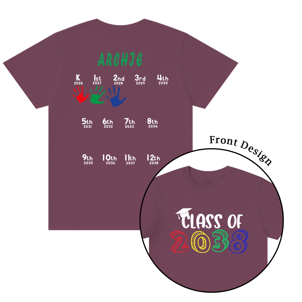 Hand Print-Class Of 2037 Personalized Shirts For School Kids