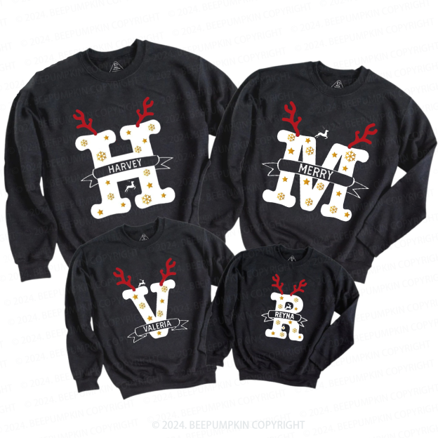 Personalized Antlers And Golden Snowflakes Family Matching Sweatshirt Beepumpkin